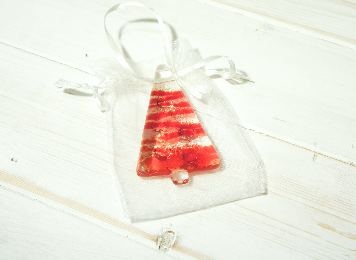 3 to 6 Mini Red Glass Trees - Hanging - 8cm(3") with ribbon and organza bags