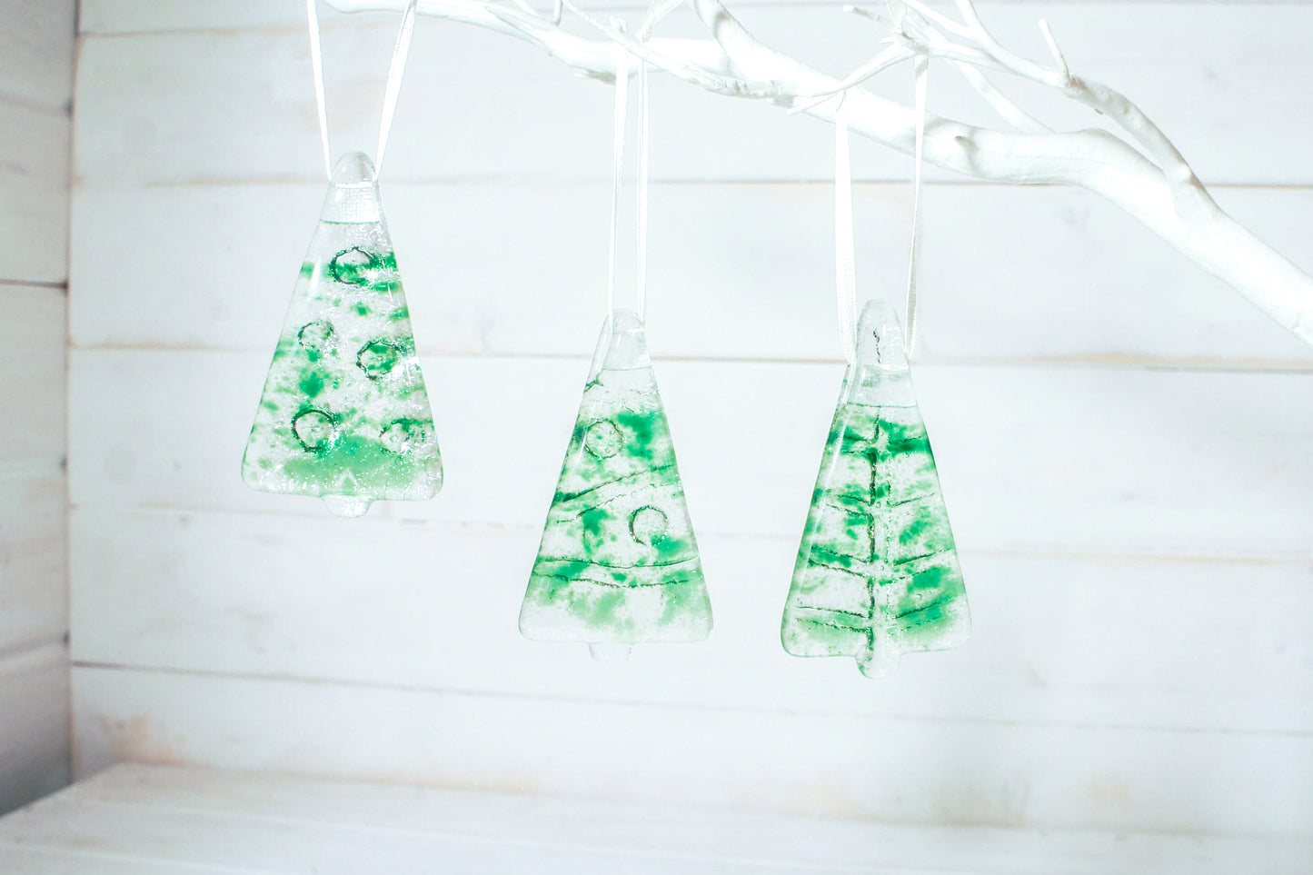 3 to 6 Mini Green Glass Trees - Hanging - 8cm(3") with ribbon and organza bags