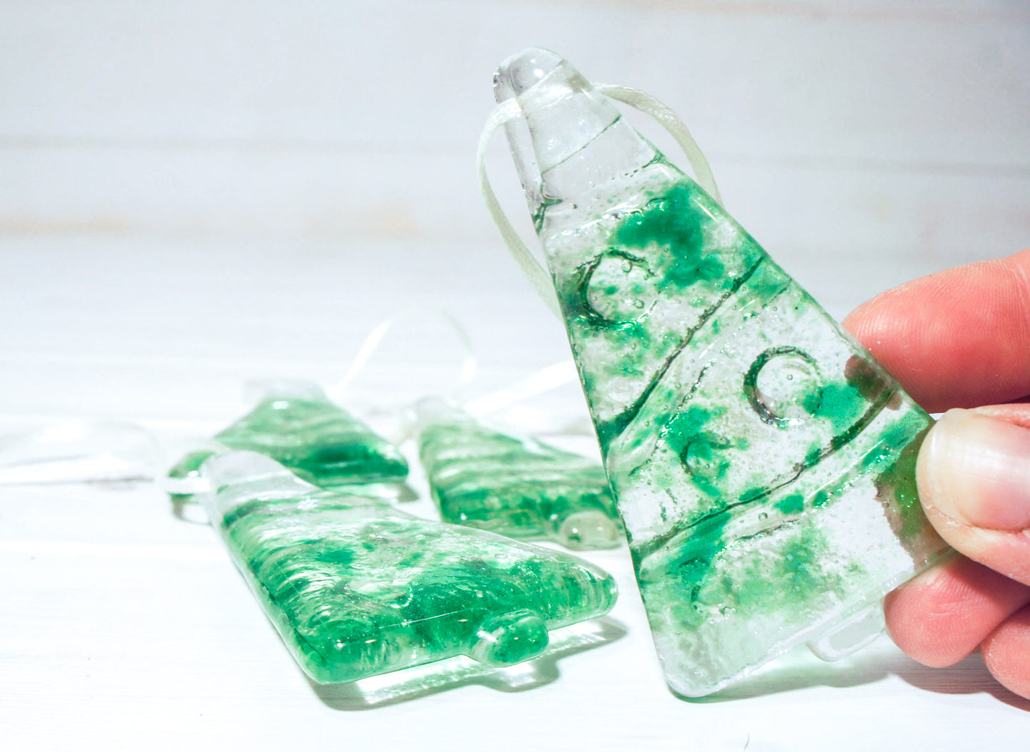 3 to 6 Mini Green Glass Trees - Hanging - 8cm(3") with ribbon and organza bags