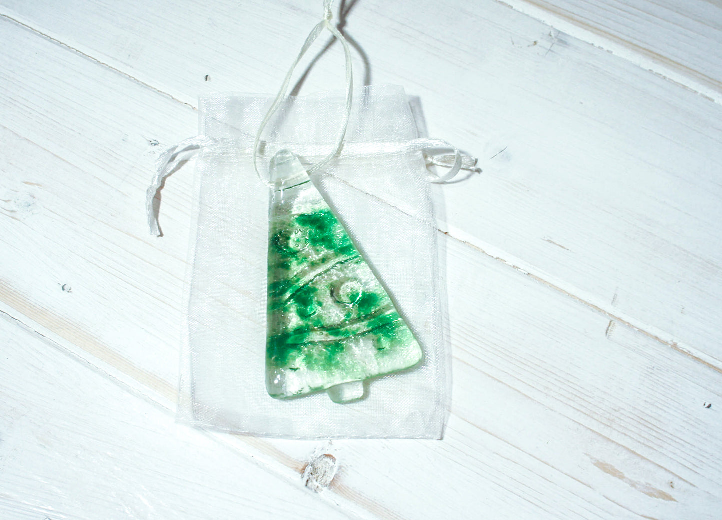 3 to 6 Mini Green Glass Trees - Hanging - 8cm(3") with ribbon and organza bags