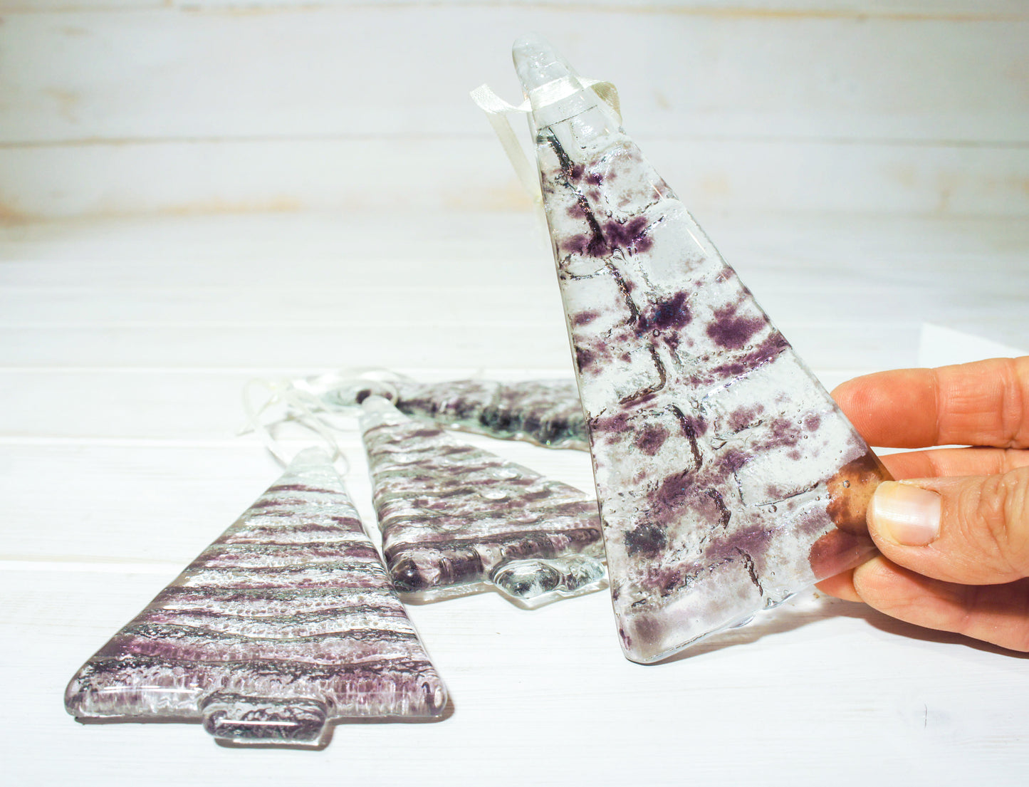 2 to 6 Medium Glass Tree - Choose colour - Hanging -  12cm/3 3/4" high - with ribbon and organza bag