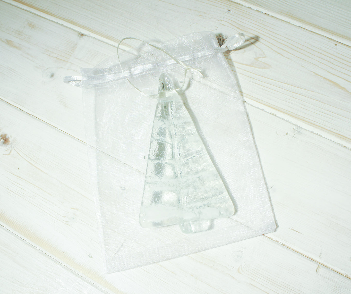 2 to 6 Medium White Glass Trees - Hanging - 12cm/3 3/4" with ribbon and organza bag