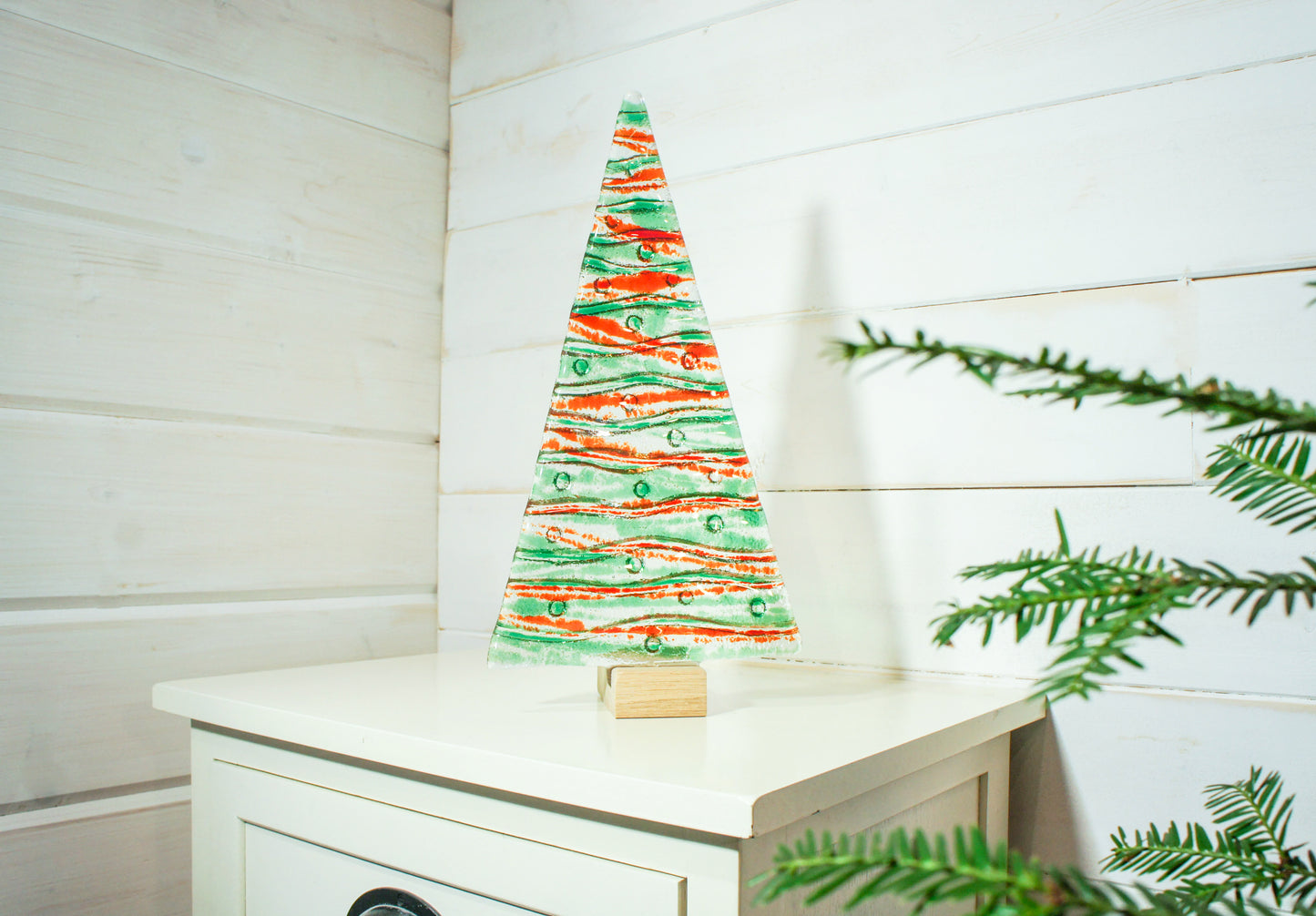 XL Green&Red Fused Glass Christmas Tree Decoration - Freestanding - 32cm/12 1/2" with wooden block (Copy)