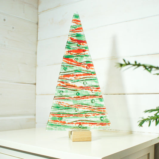 XL Green&Red Fused Glass Christmas Tree Decoration - Freestanding - 32cm/12 1/2" with wooden block (Copy)