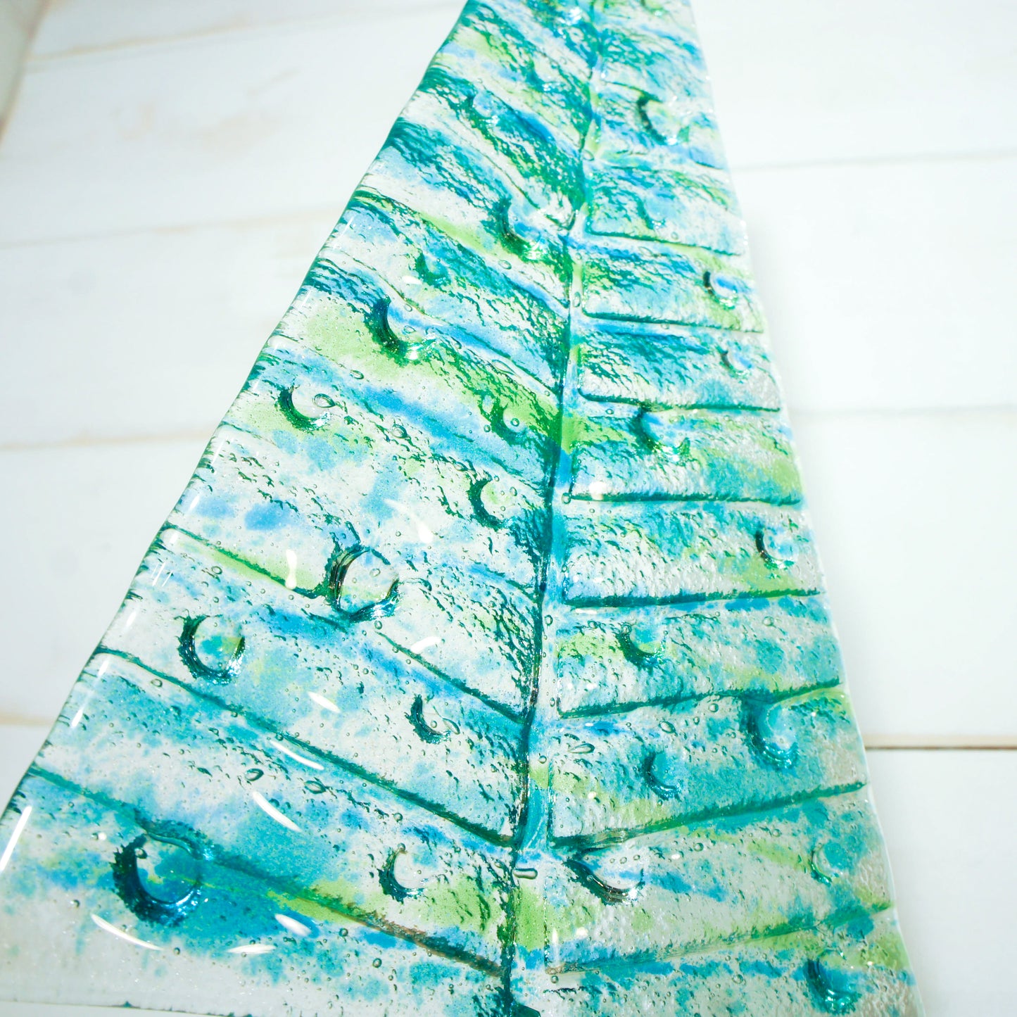 XL Lime Green&Blue Glass Christmas Tree Decoration - Freestanding - 32cm/12 1/2" with wooden block