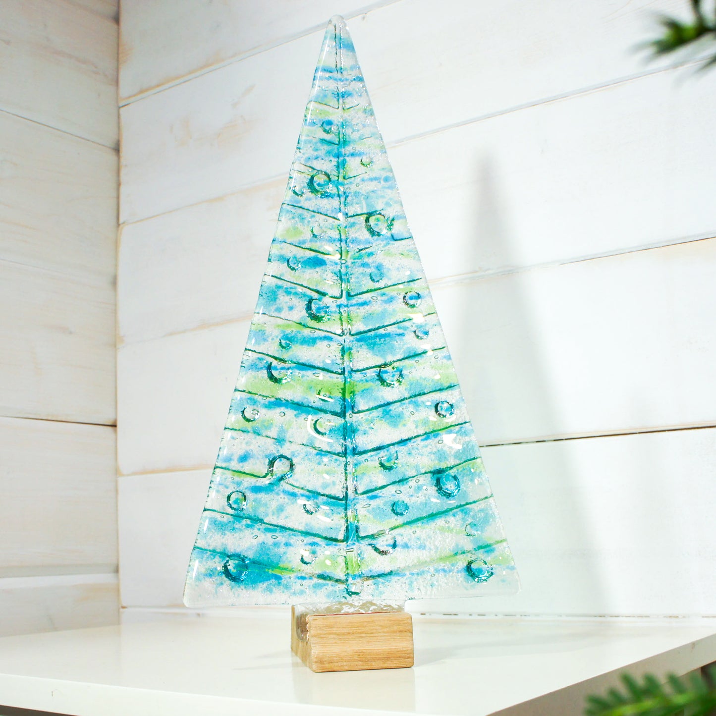 XL Lime Green&Blue Glass Christmas Tree Decoration - Freestanding - 32cm/12 1/2" with wooden block