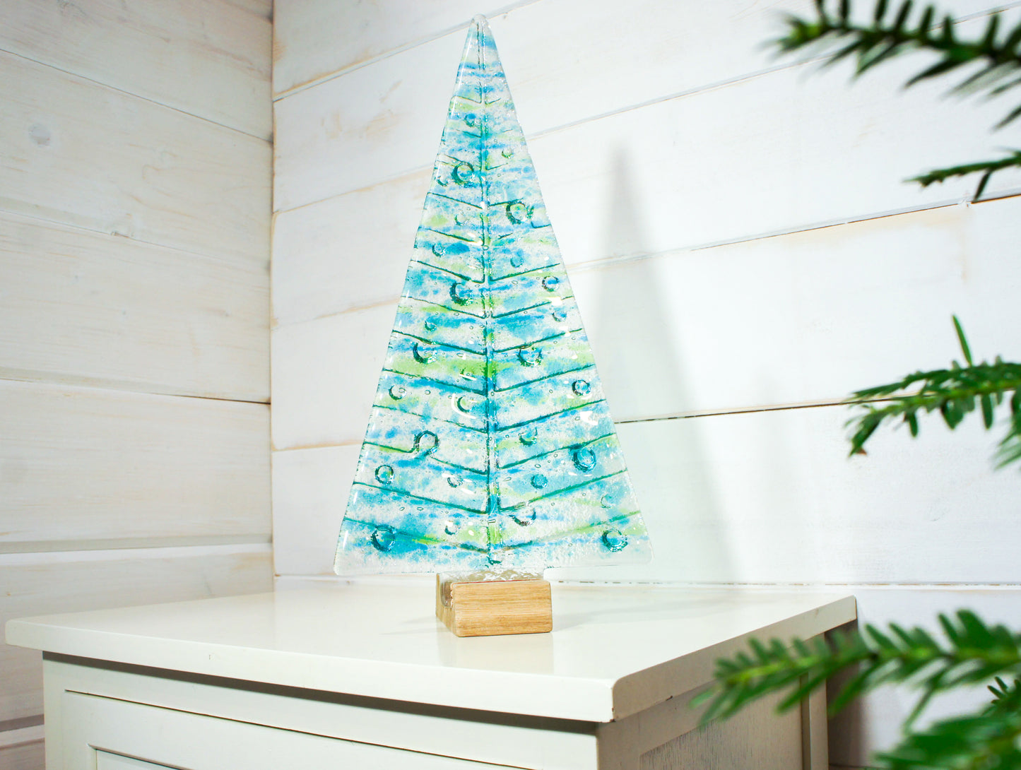 XL Lime Green&Blue Glass Christmas Tree Decoration - Freestanding - 32cm/12 1/2" with wooden block