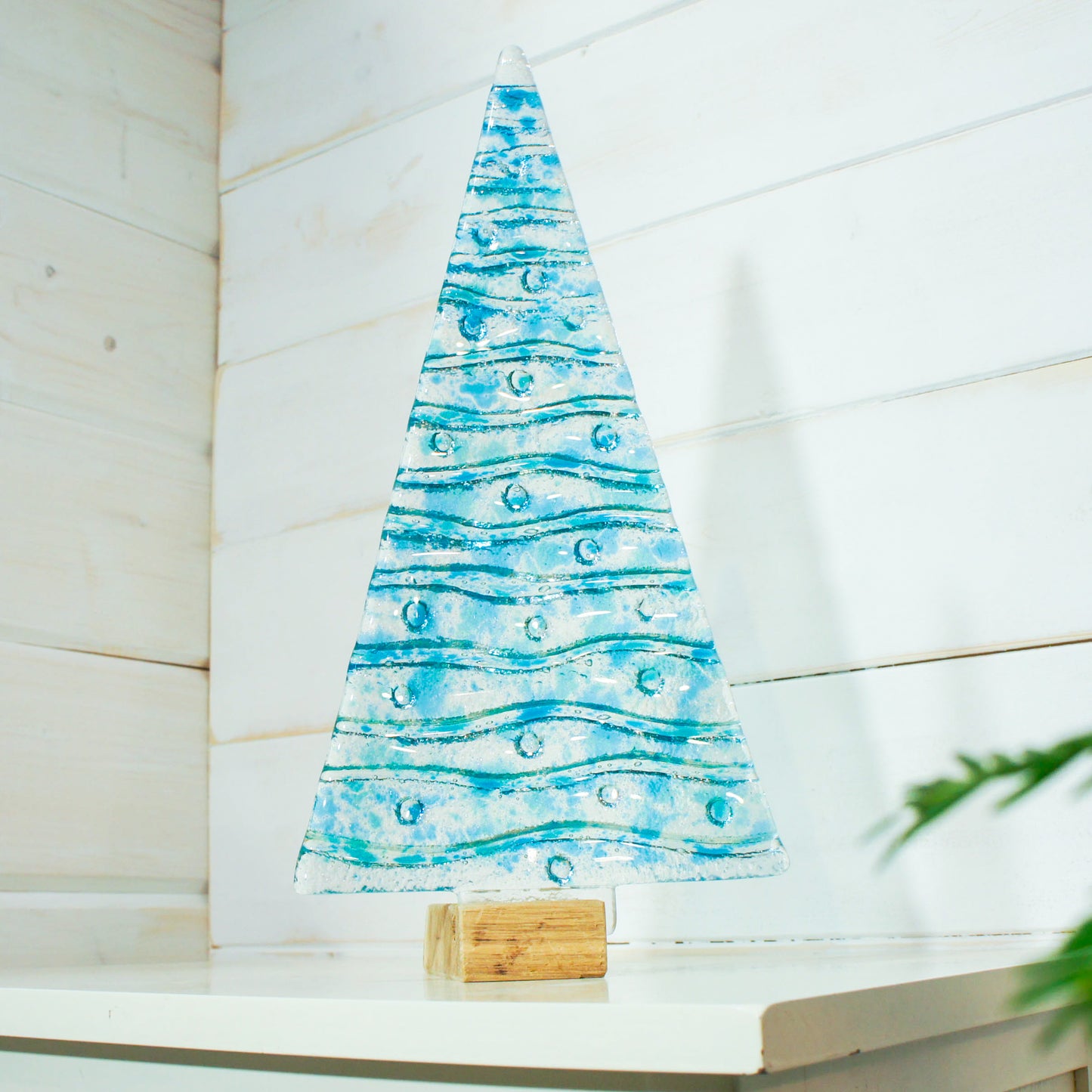 XL Turquoise&Blue Glass Tree - Freestanding - 32cm/12 1/2" with wooden block