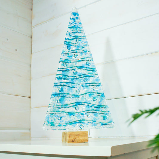 XL Turquoise&Blue Glass Tree - Freestanding - 32cm/12 1/2" with wooden block