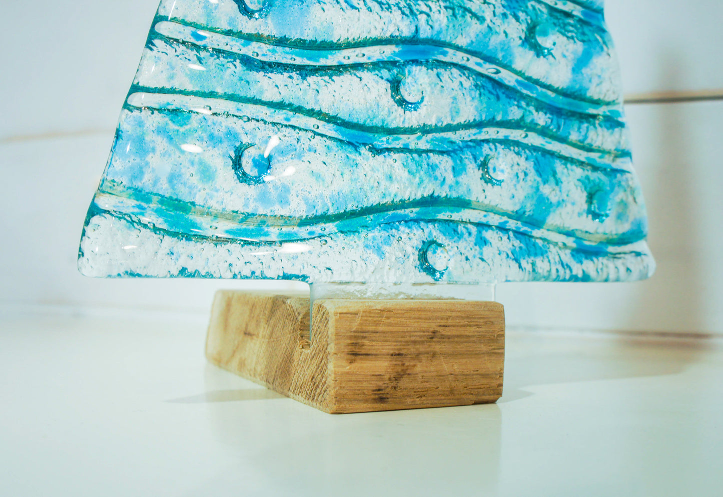 XL Turquoise&Blue Glass Tree - Freestanding - 32cm/12 1/2" with wooden block