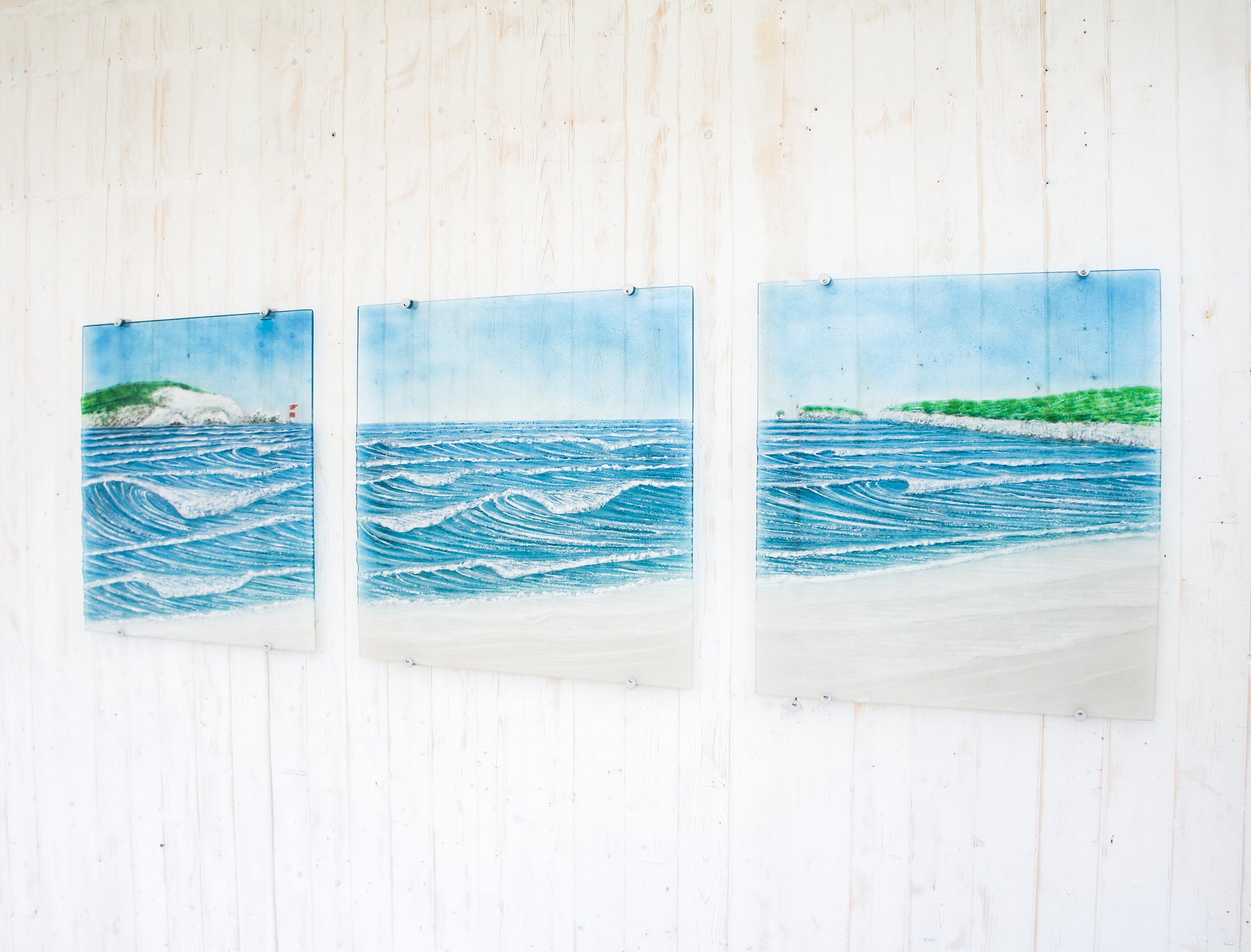 XL fused glass triptych wall art isle of wight & Old Harry's Rock