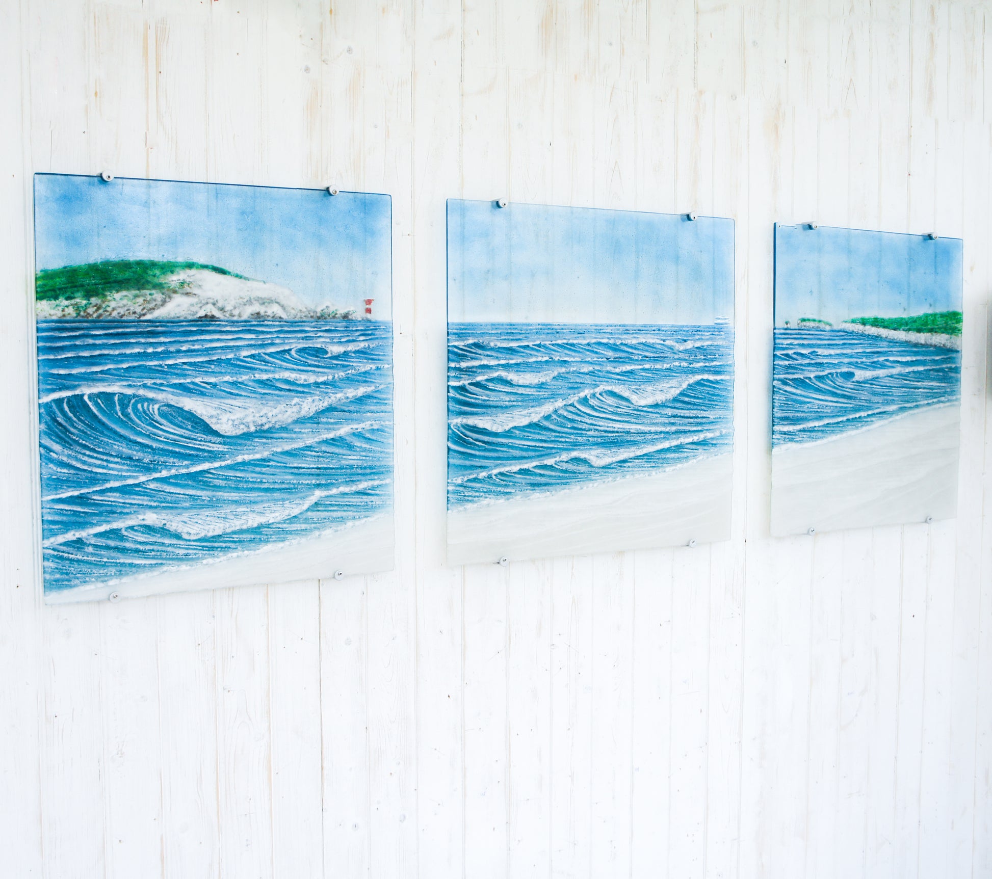 XL fused glass triptych wall art isle of wight & Old Harry's Rock