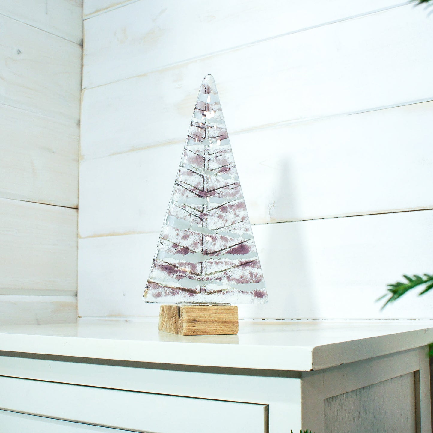 Large Purple&White Glass Free - Freestanding - 22cm/8 1/2" with wooden block