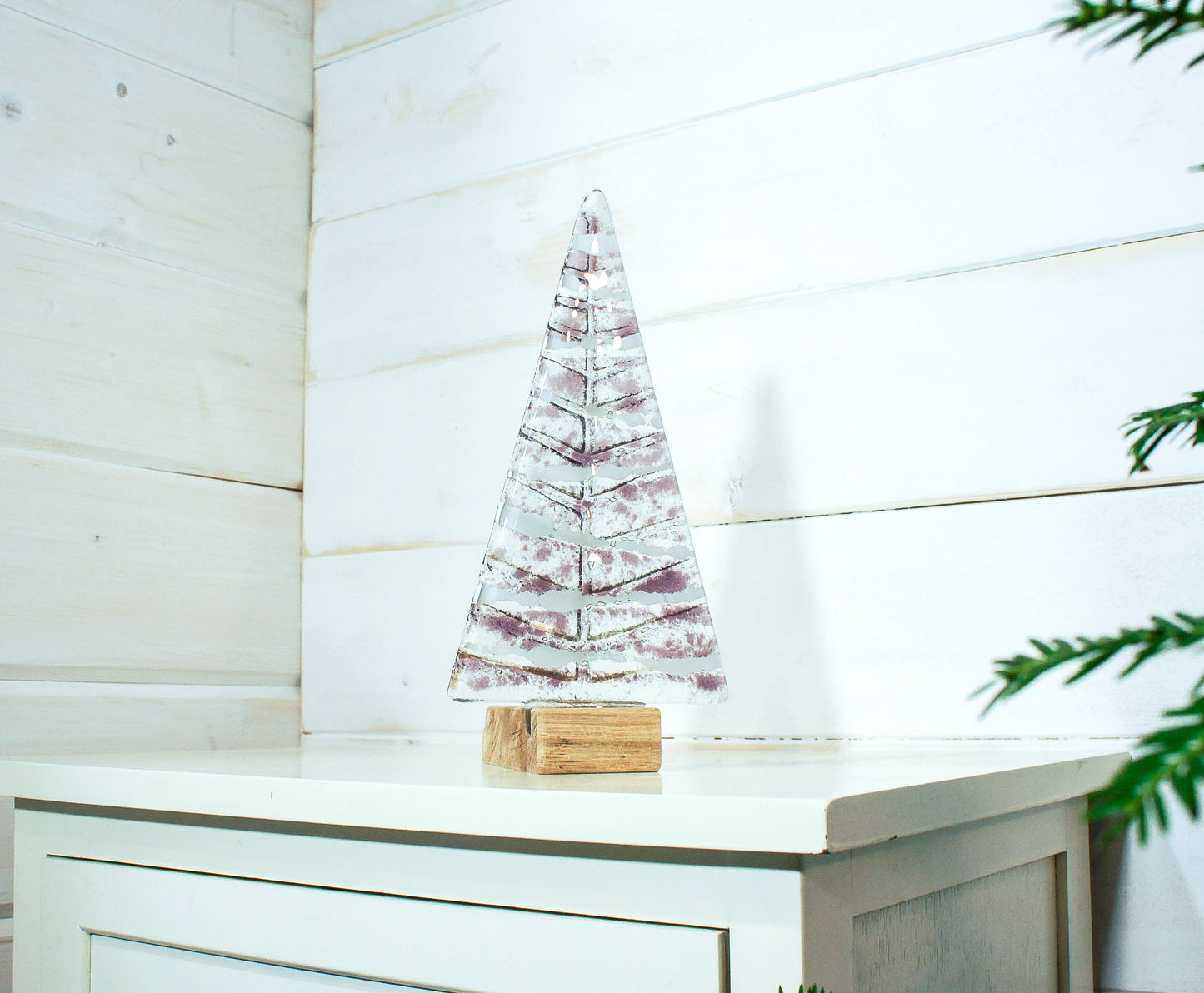 Large Purple&White Glass Free - Freestanding - 22cm/8 1/2" with wooden block