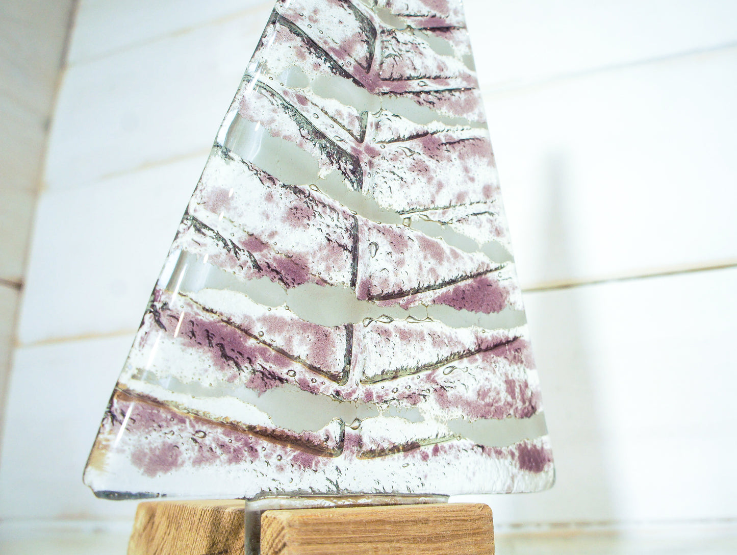Large Purple&White Glass Free - Freestanding - 22cm/8 1/2" with wooden block