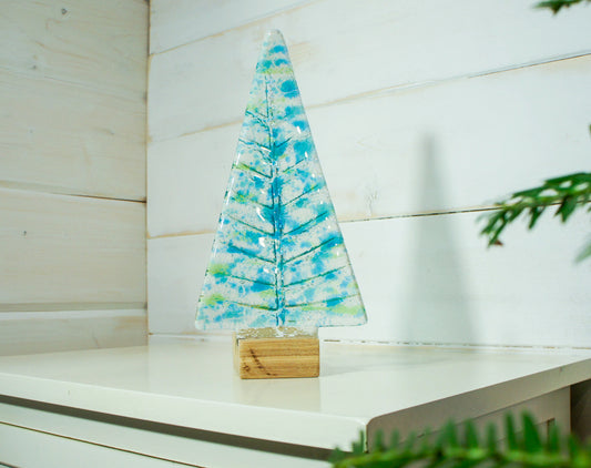 Large Fused Glass Christmas Tree Blue Green 22cm (8 1/2" tall), Blue & Green Fused Glass Christmas Tree Decoration with wooden block