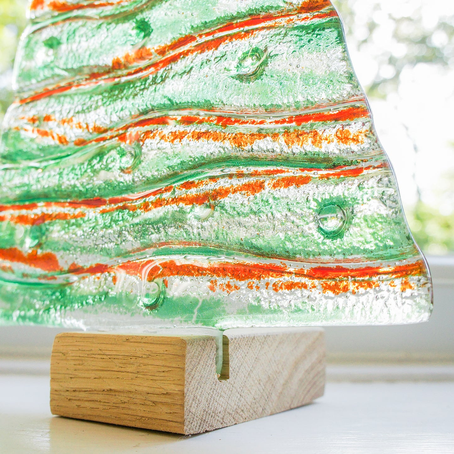 XL Green&Red Fused Glass Christmas Tree Decoration - Freestanding - 32cm/12 1/2" with wooden block (Copy)
