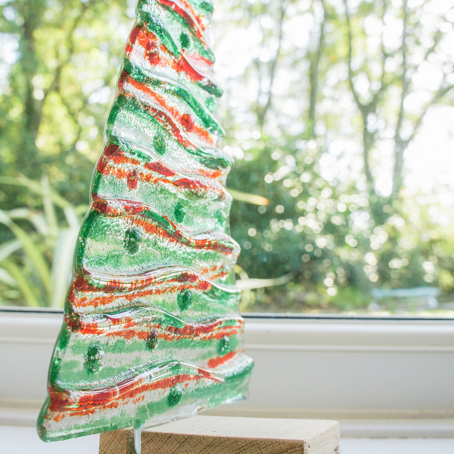 XL Green&Red Fused Glass Christmas Tree Decoration - Freestanding - 32cm/12 1/2" with wooden block (Copy)