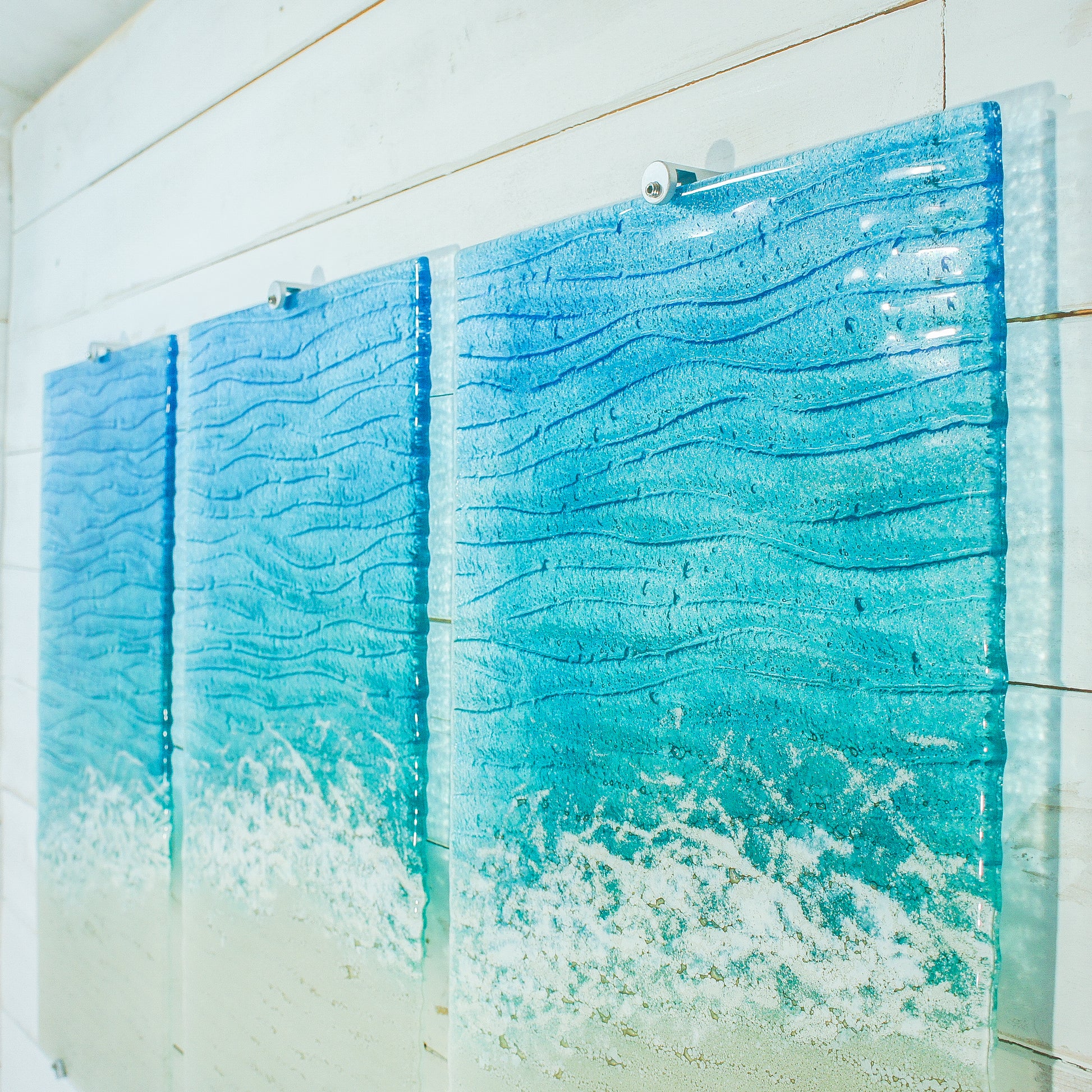 XL triptych fused glass coastal seabed wall art 3d textured