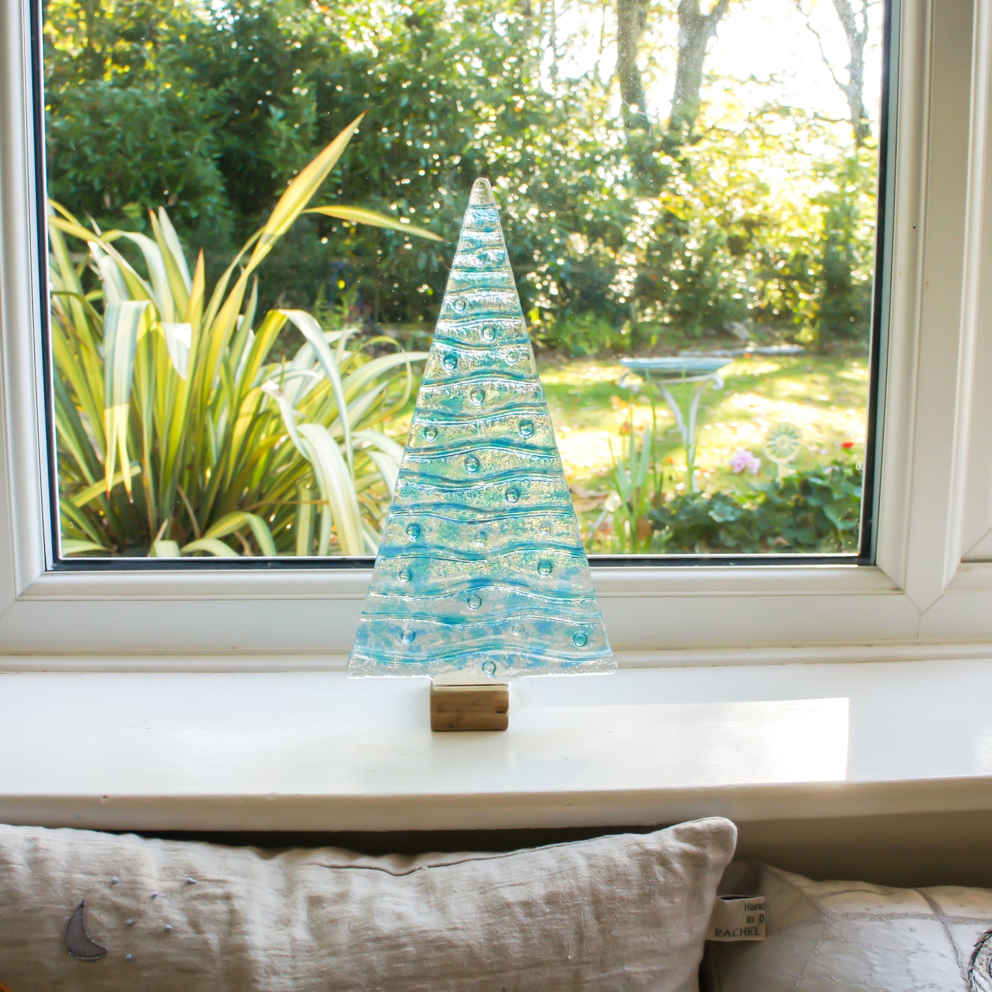 XL Turquoise&Blue Glass Tree - Freestanding - 32cm/12 1/2" with wooden block