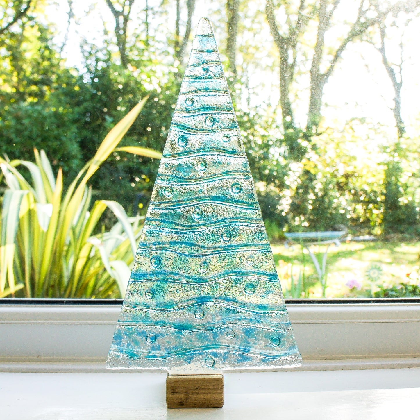 XL Turquoise&Blue Glass Tree - Freestanding - 32cm/12 1/2" with wooden block