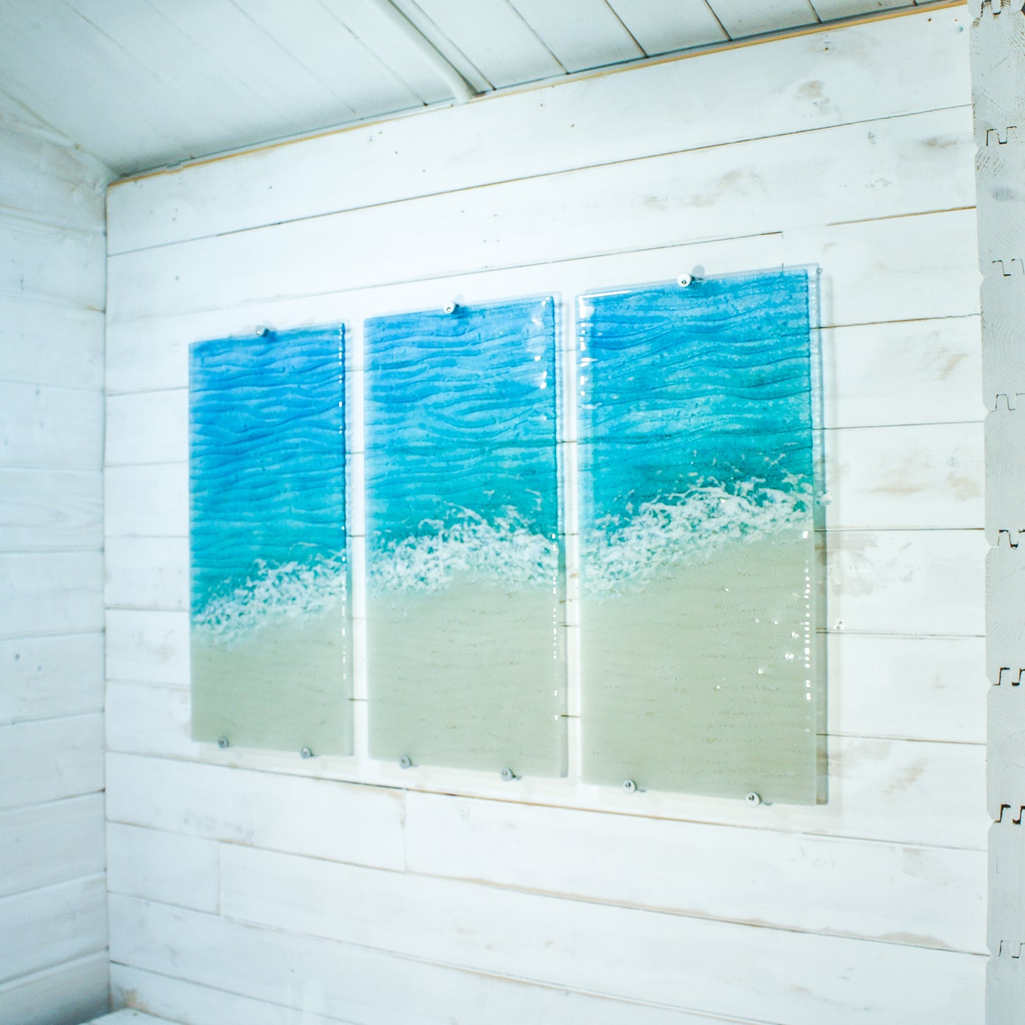 XL triptych fused glass coastal seabed wall art 3d textured