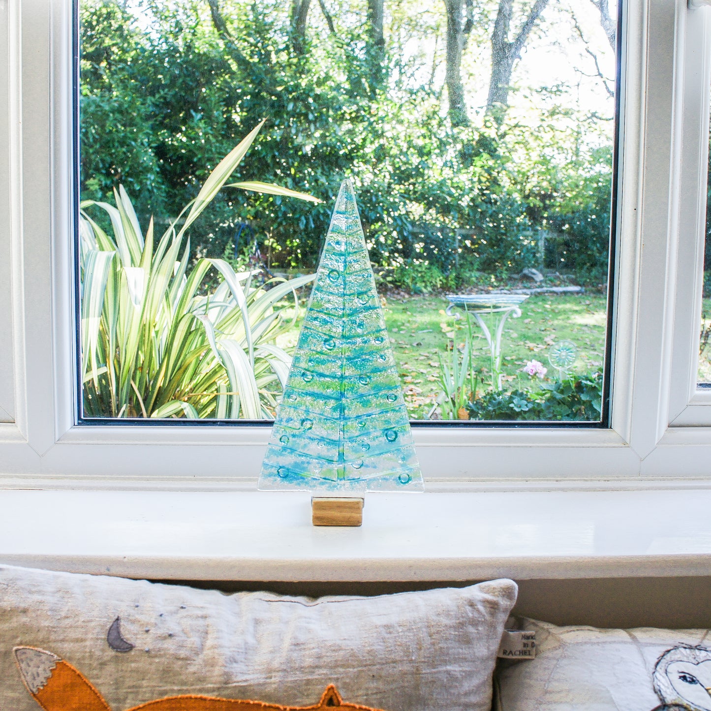 XL Lime Green&Blue Glass Christmas Tree Decoration - Freestanding - 32cm/12 1/2" with wooden block