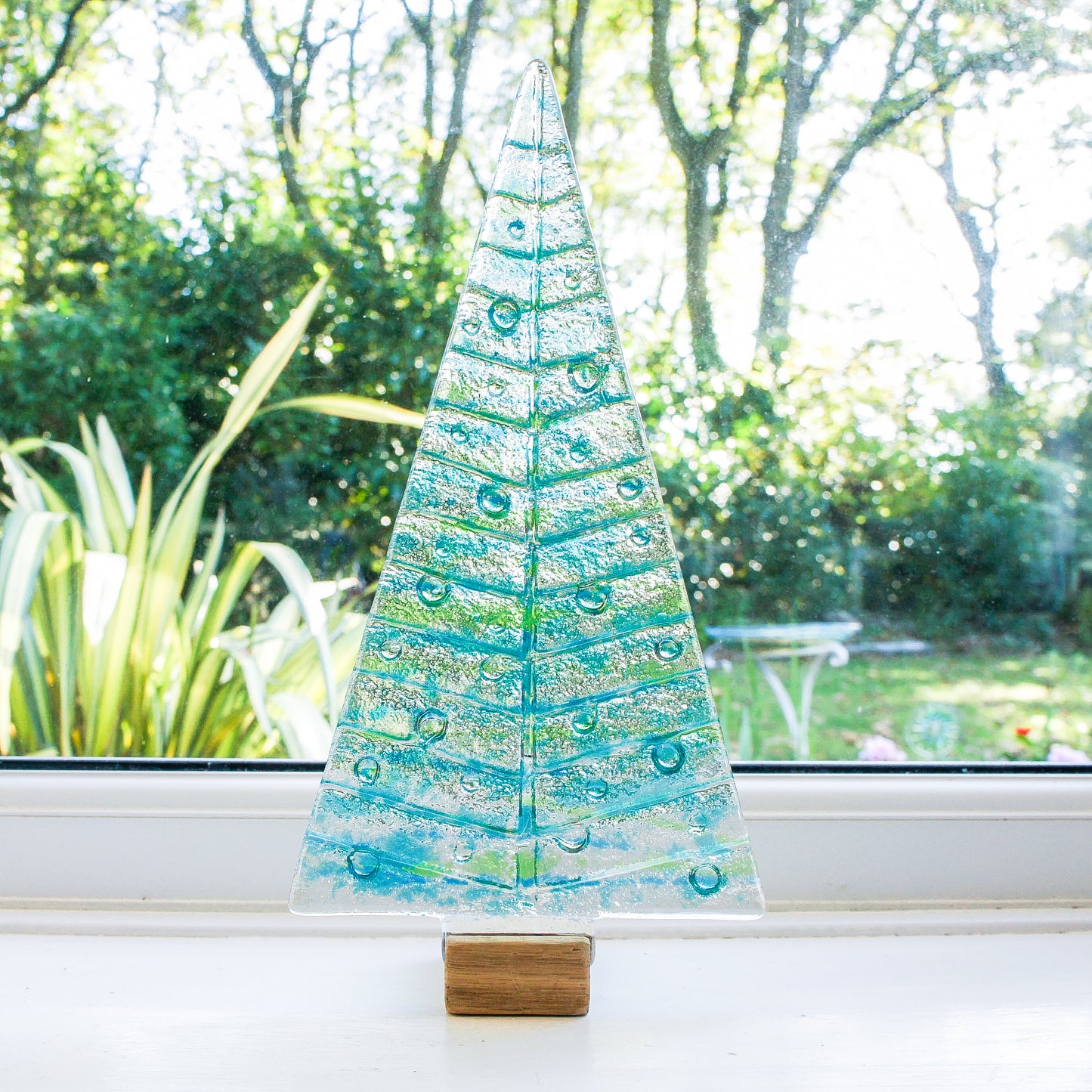 XL Lime Green&Blue Glass Christmas Tree Decoration - Freestanding - 32cm/12 1/2" with wooden block