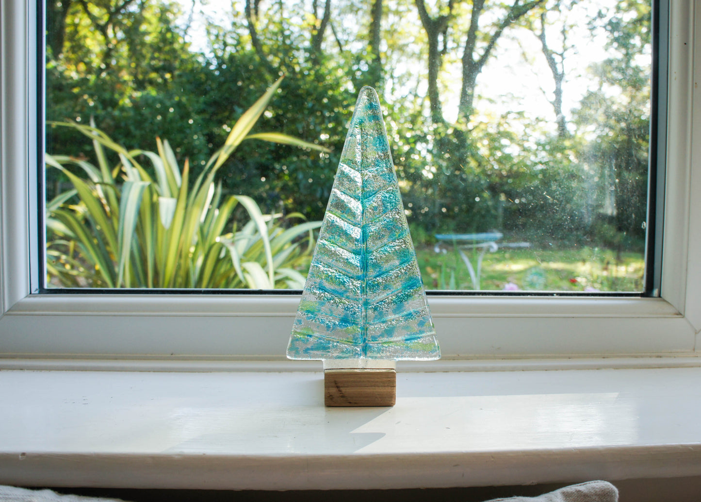 Large Fused Glass Christmas Tree Blue Green 22cm (8 1/2" tall), Blue & Green Fused Glass Christmas Tree Decoration with wooden block