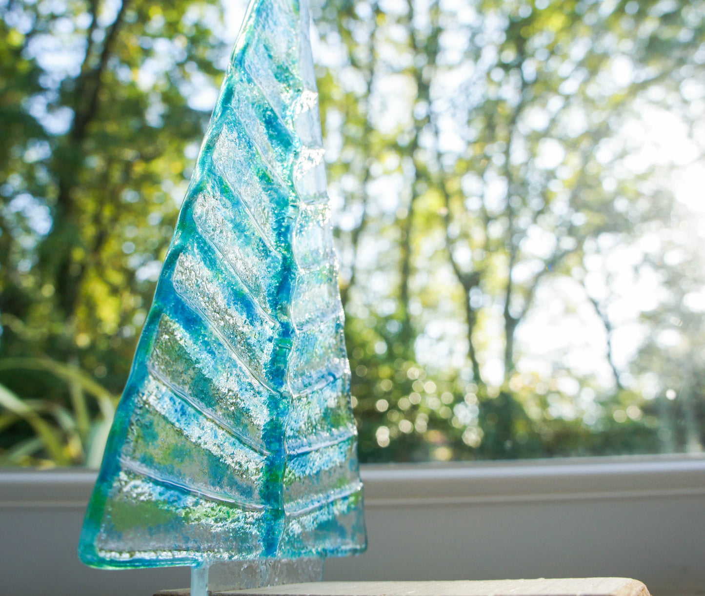 Large Fused Glass Christmas Tree Blue Green 22cm (8 1/2" tall), Blue & Green Fused Glass Christmas Tree Decoration with wooden block