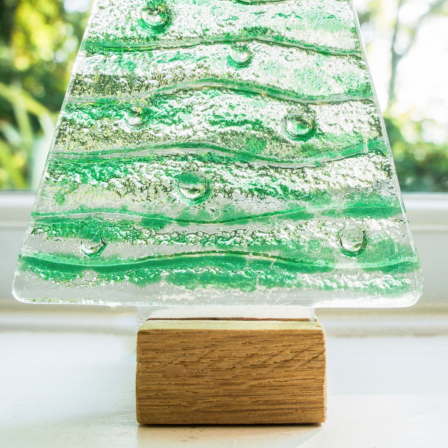 Large Green Glass Tree - 22cm(8 1/2") with wooden block