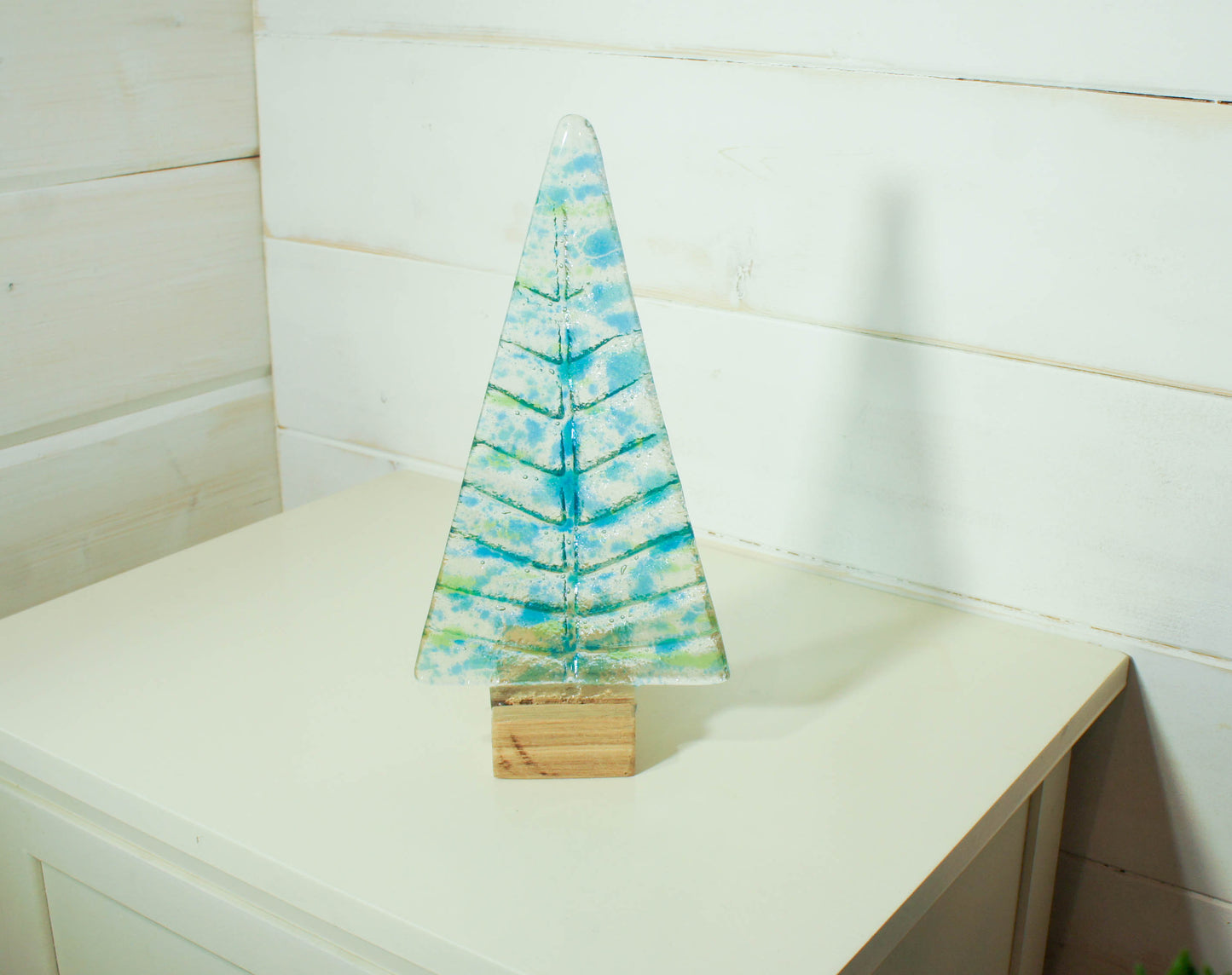 Large Fused Glass Christmas Tree Blue Green 22cm (8 1/2" tall), Blue & Green Fused Glass Christmas Tree Decoration with wooden block