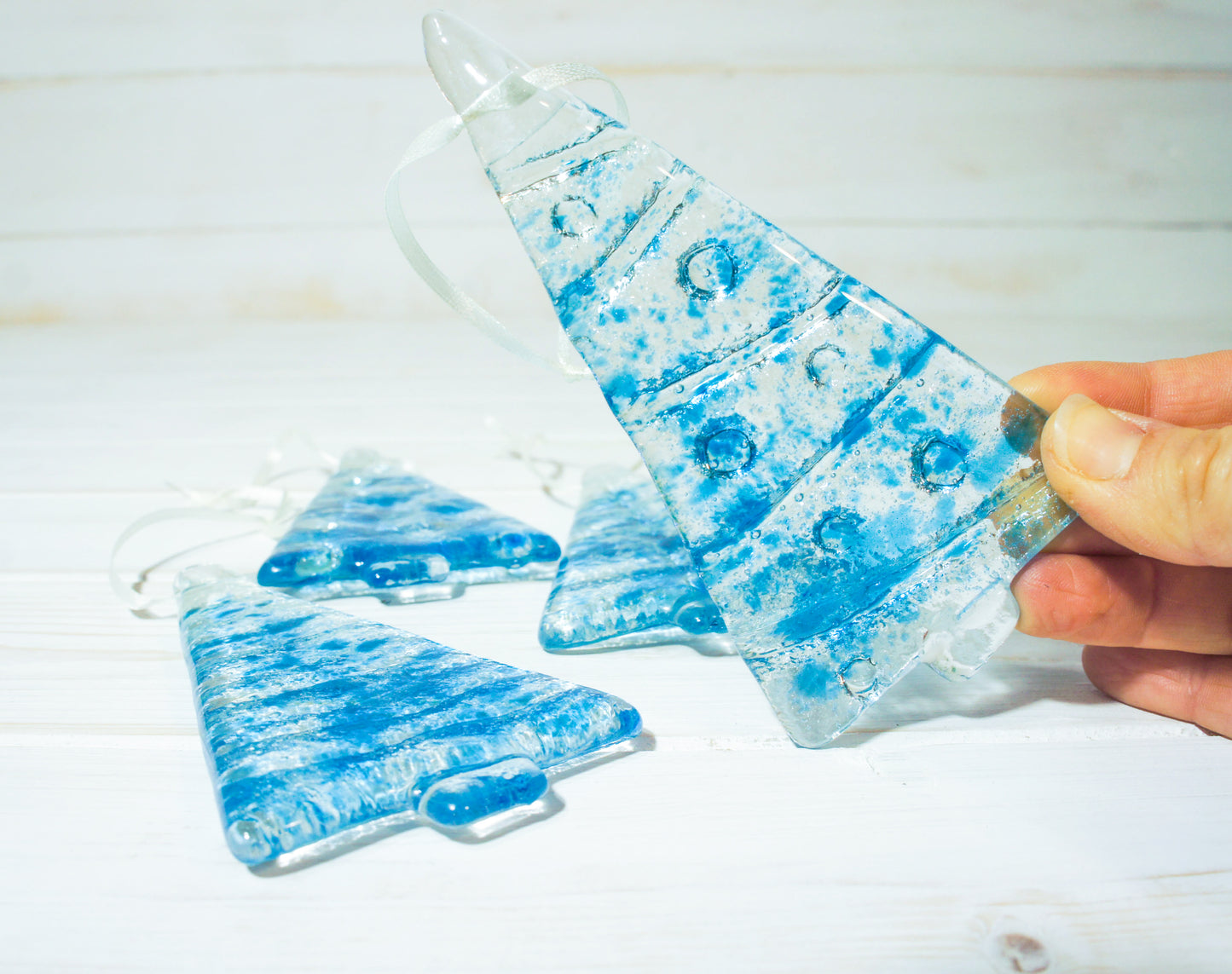 2 to 6 Medium Blue Trees - Hanging - 12cm/3 3/4"- with ribbon and organza bag