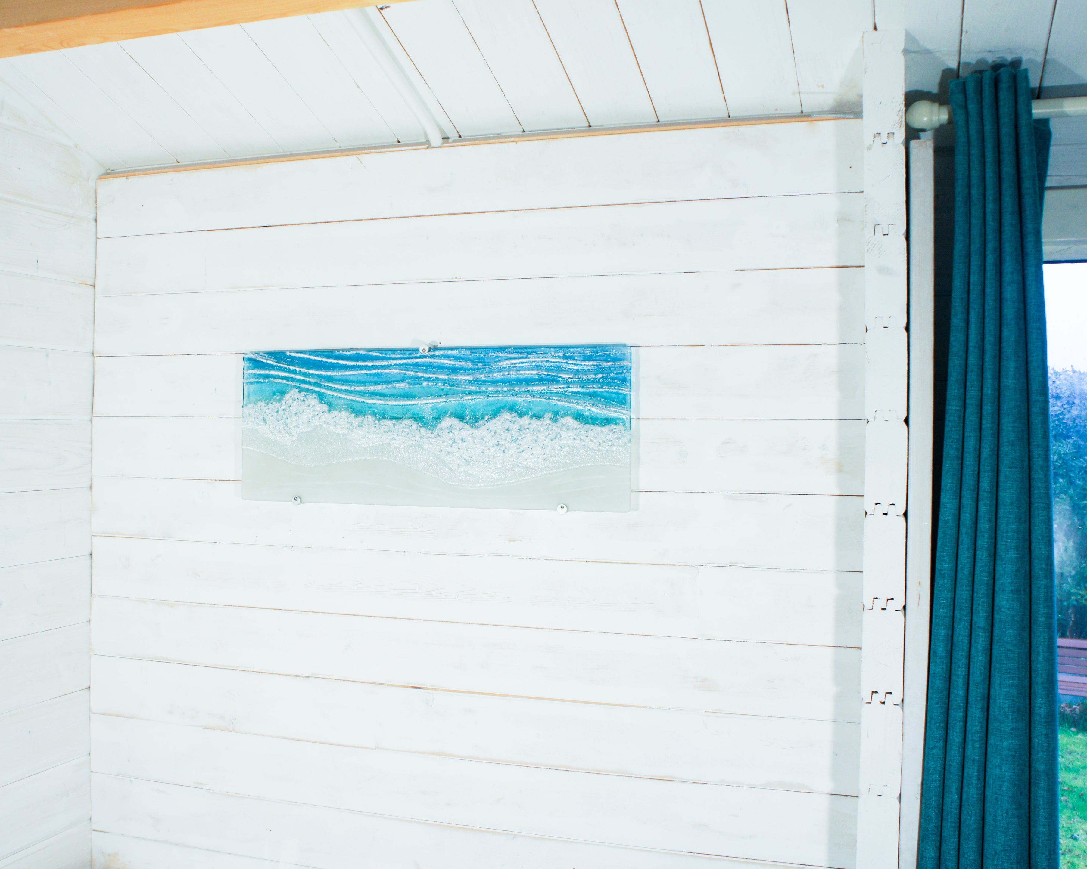 Large Panoramic Glass Wave Art 70x26cm(28x10"), fused glass teal coastal panoramic modern wall art, turquoise textured art, beach room decor