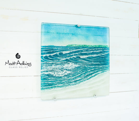 coastal square wave handmade fused glass wall art 40cm