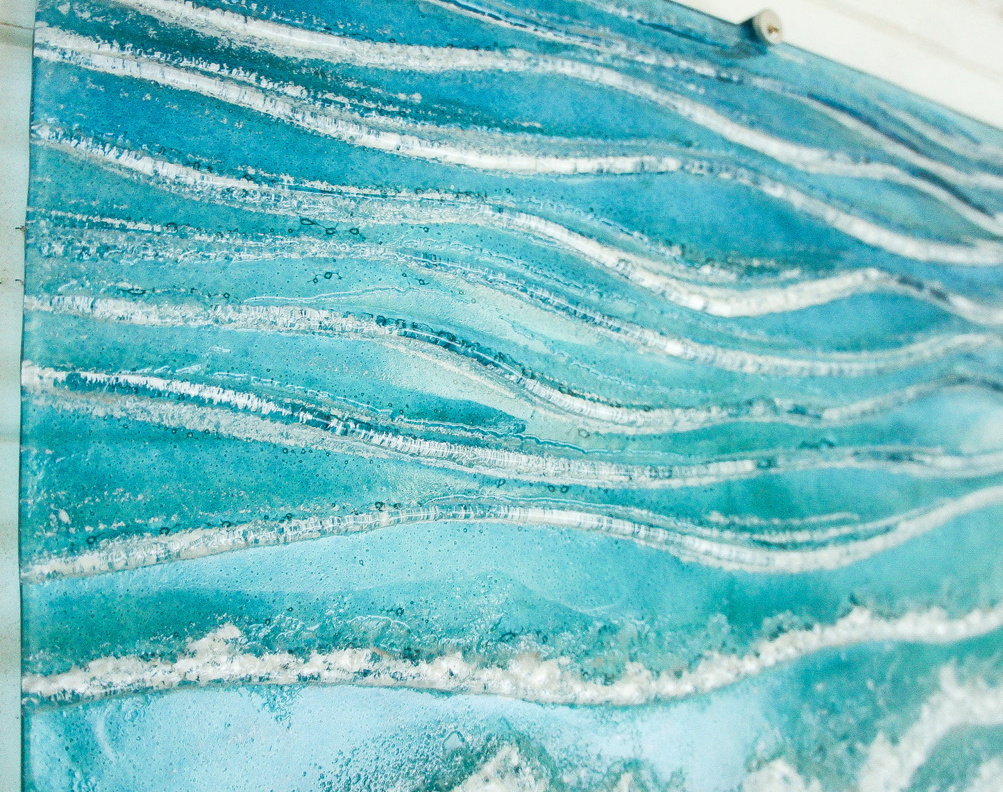 Ocean 60x60cm(23 1/2") - Turquoise Blue Aerial View Ocean Panel Glass Sculpture - Large Fused Glass Ocean Wall Art with 3 wall fixings