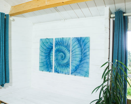 Triptych Ammonite Wall Art OVERALL 100x60cm (40x23") incl. gaps and 9 fixings - Blue/Turquoise/Midnight Blue - Each Panel 30x60cm (12x23") Large Portrait Fossil Fused Glass Wall Art