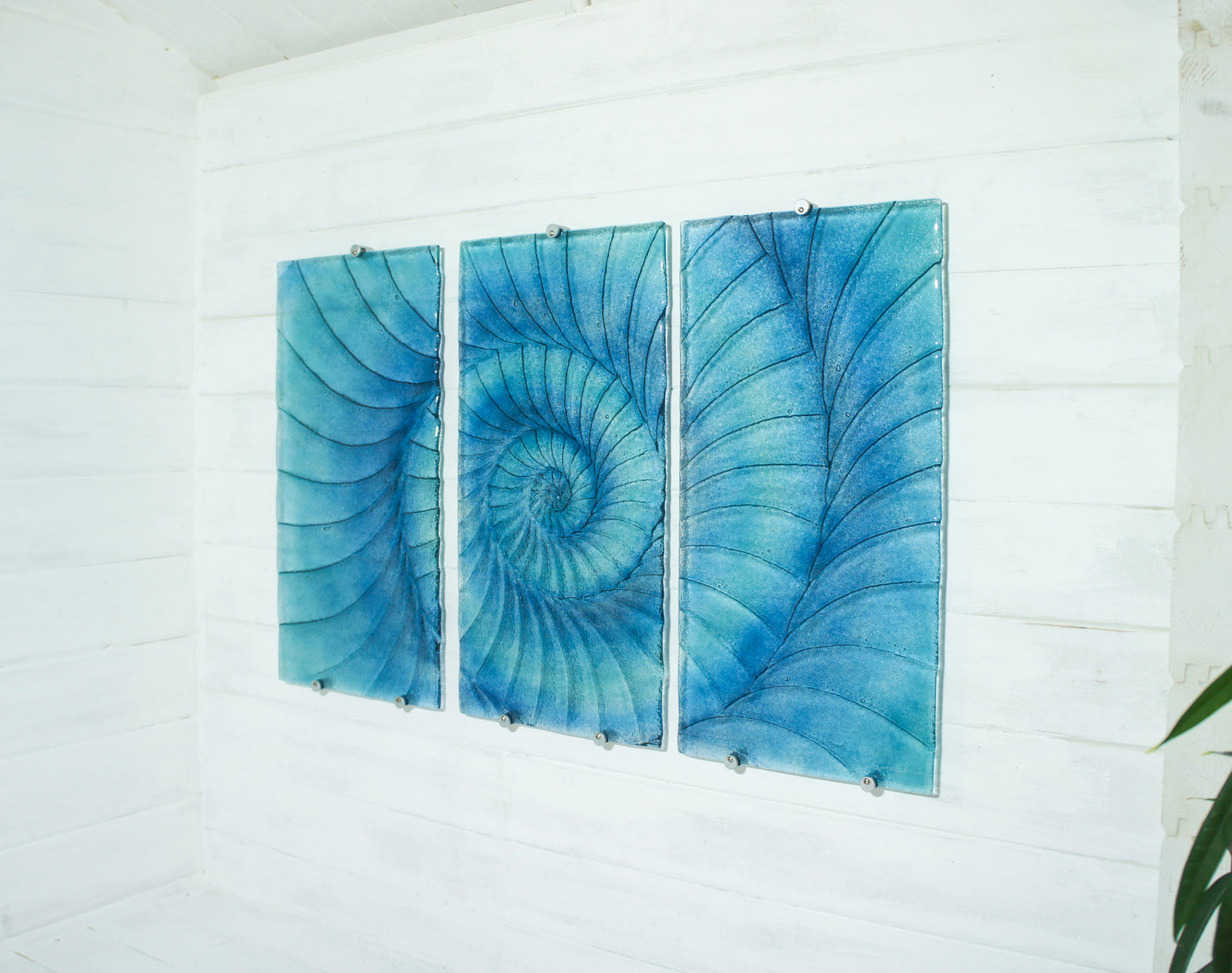Triptych Ammonite Wall Art OVERALL 100x60cm (40x23") incl. gaps and 9 fixings - Blue/Turquoise/Midnight Blue - Each Panel 30x60cm (12x23") Large Portrait Fossil Fused Glass Wall Art