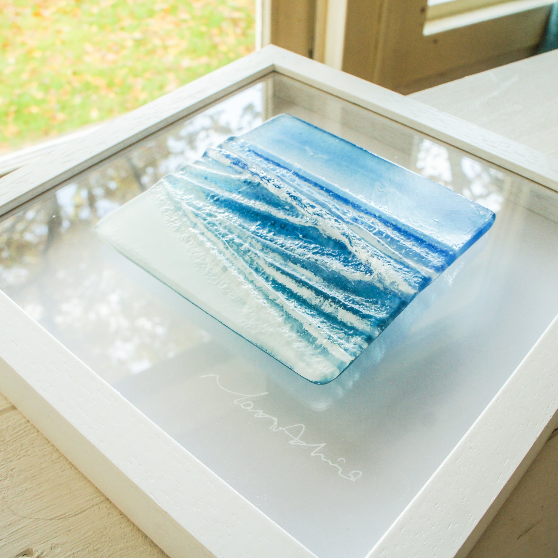 Wave in a Box Fused Glass Wall Art
