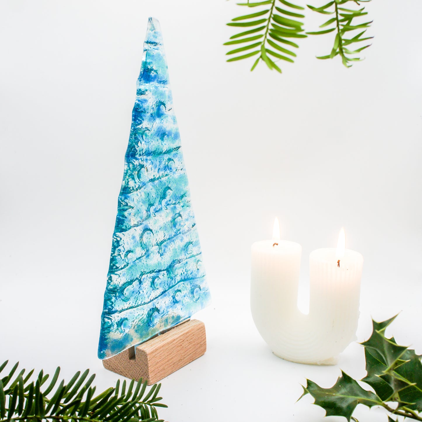 Large Turquoise&Blue Glass Tree - Freestanding - 22cm/8 1/2" with wooden block