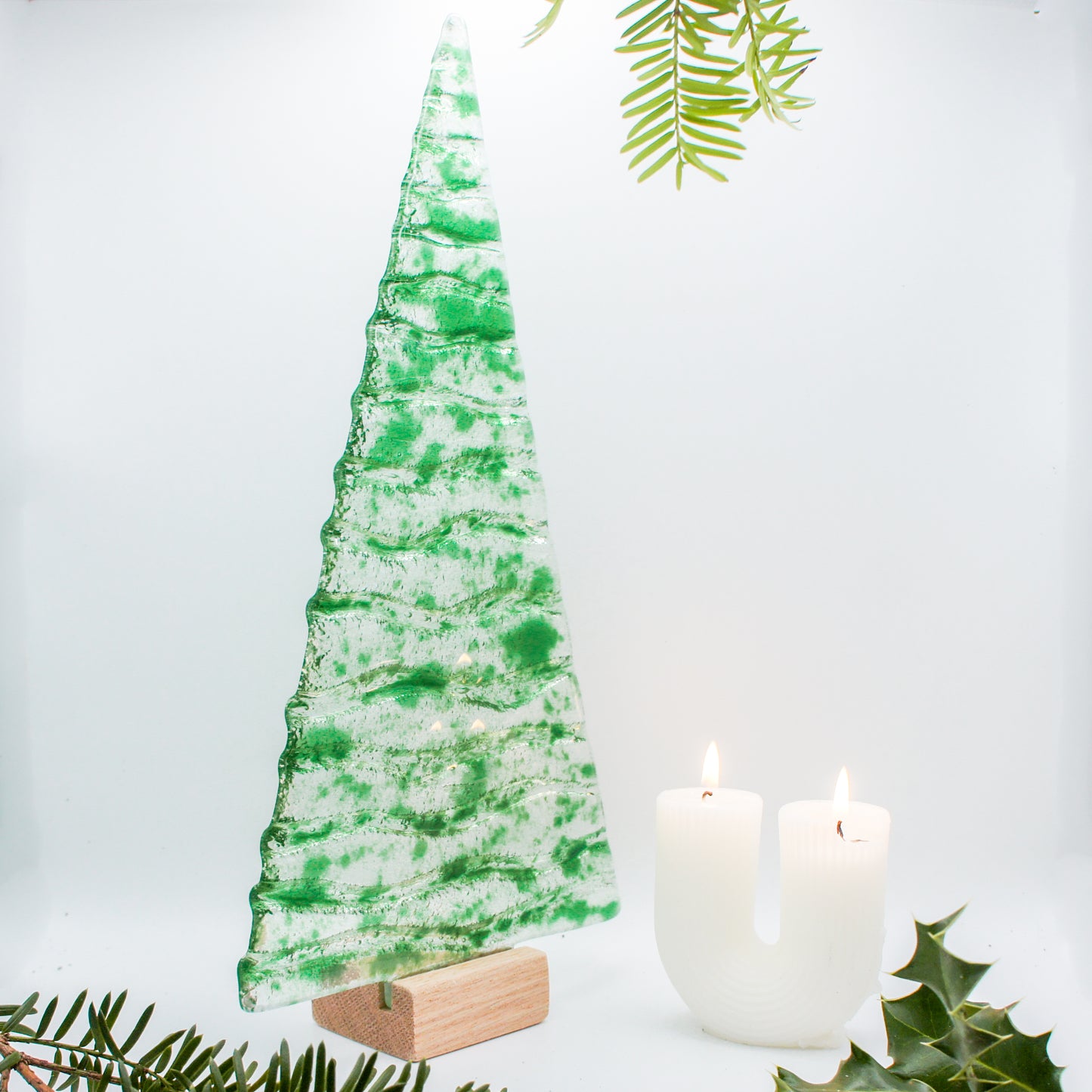 XL Green Glass Tree - Freestanding - 32cm/12 1/2" with wooden block