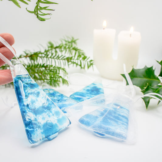 3 to 6 Mini Blue Glass Christmas Tree Decorations - Hanging - 8cm(3") with ribbon and organza bags