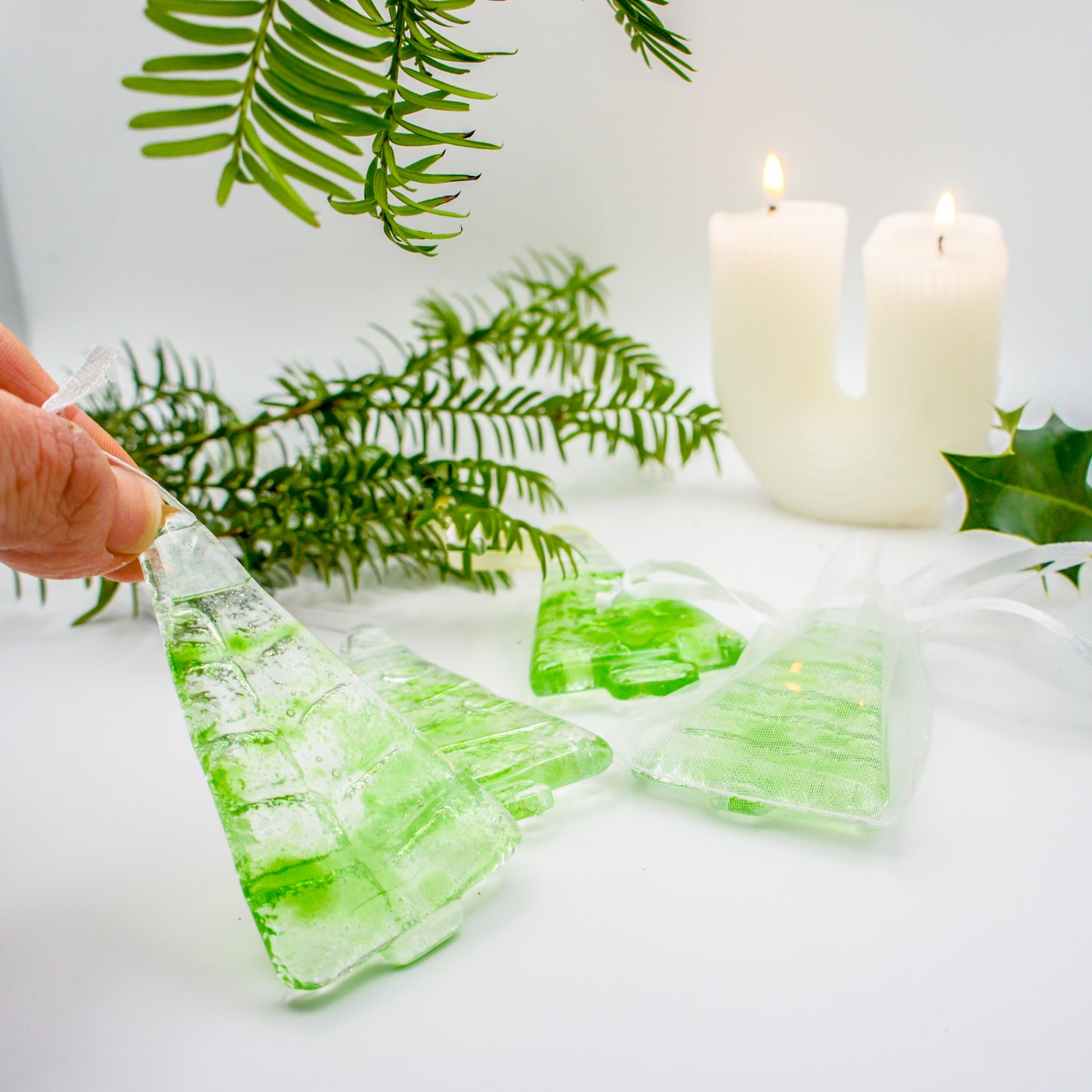 3 to 6 Mini Green Glass Trees - Hanging - 8cm(3") - each in an organza bag