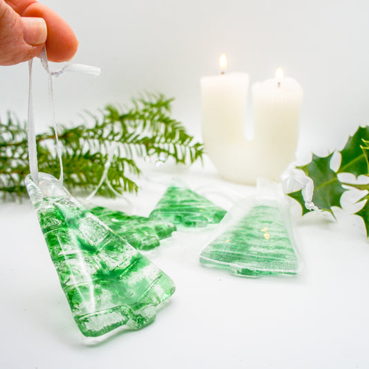 3 to 6 Mini Green Glass Trees - Hanging - 8cm(3") with ribbon and organza bags