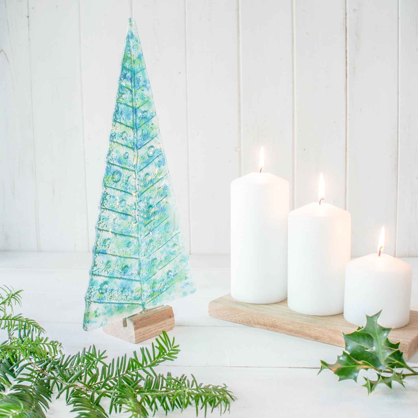 XL Lime Green&Blue Glass Christmas Tree Decoraiton - Freestanding - 32cm/12 1/2" with wooden block