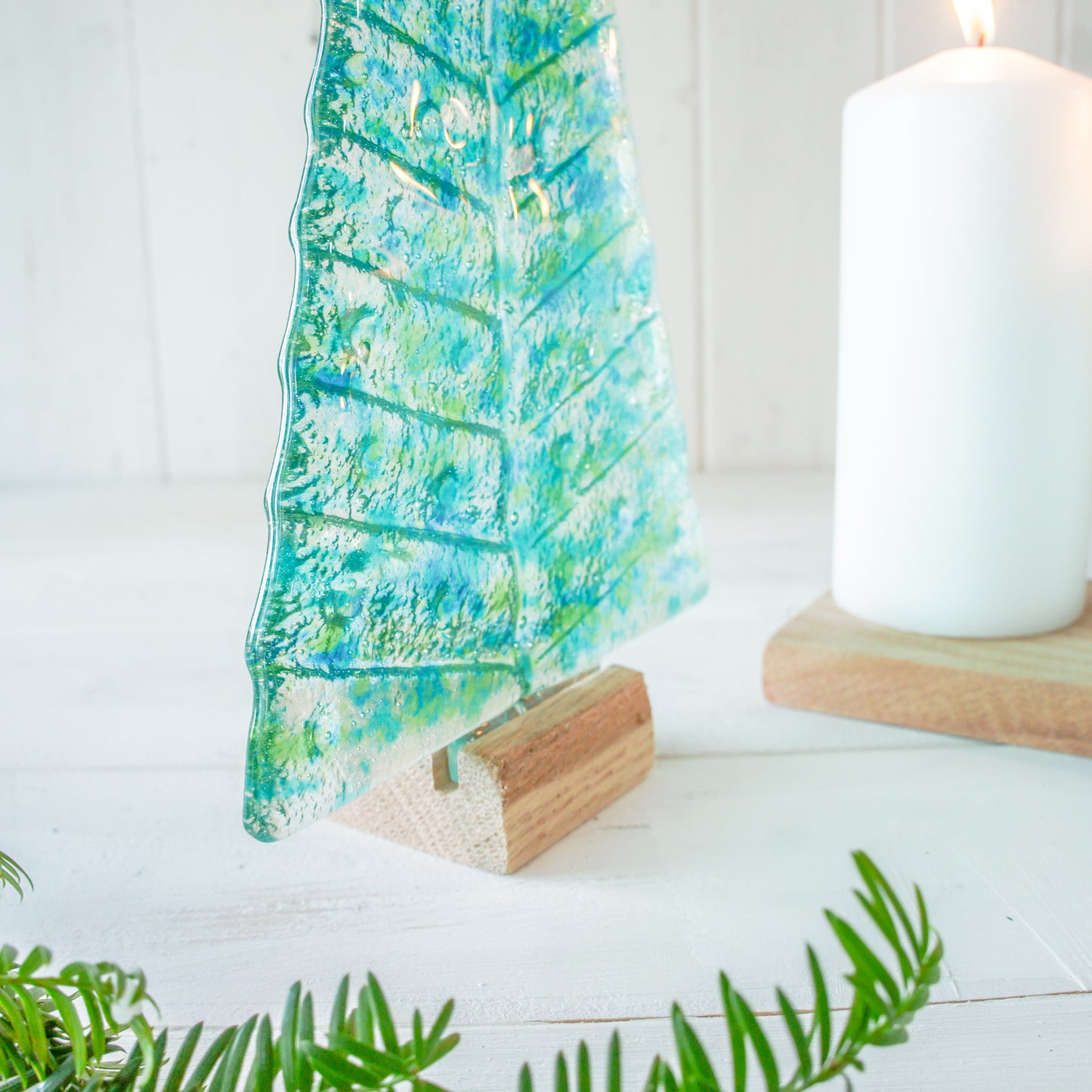 XL Lime Green&Blue Glass Christmas Tree Decoraiton - Freestanding - 32cm/12 1/2" with wooden block