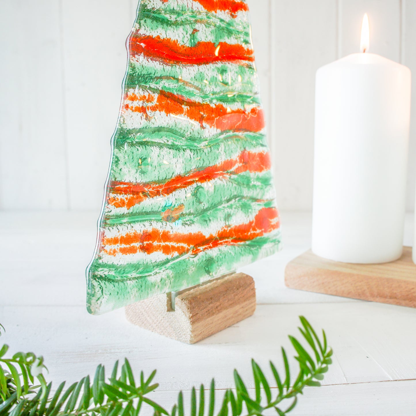 XL Green&Red Fused Glass Christmas Tree Decoration - Freestanding - 32cm/12 1/2" with wooden block