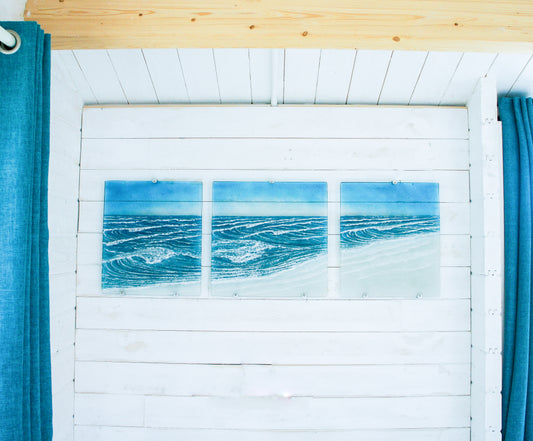 Triptych Coastal Wave Wall Panels - Left&Right 35x40cm (14x16")/Middle 40x40cm (16x16") with 9 fixings