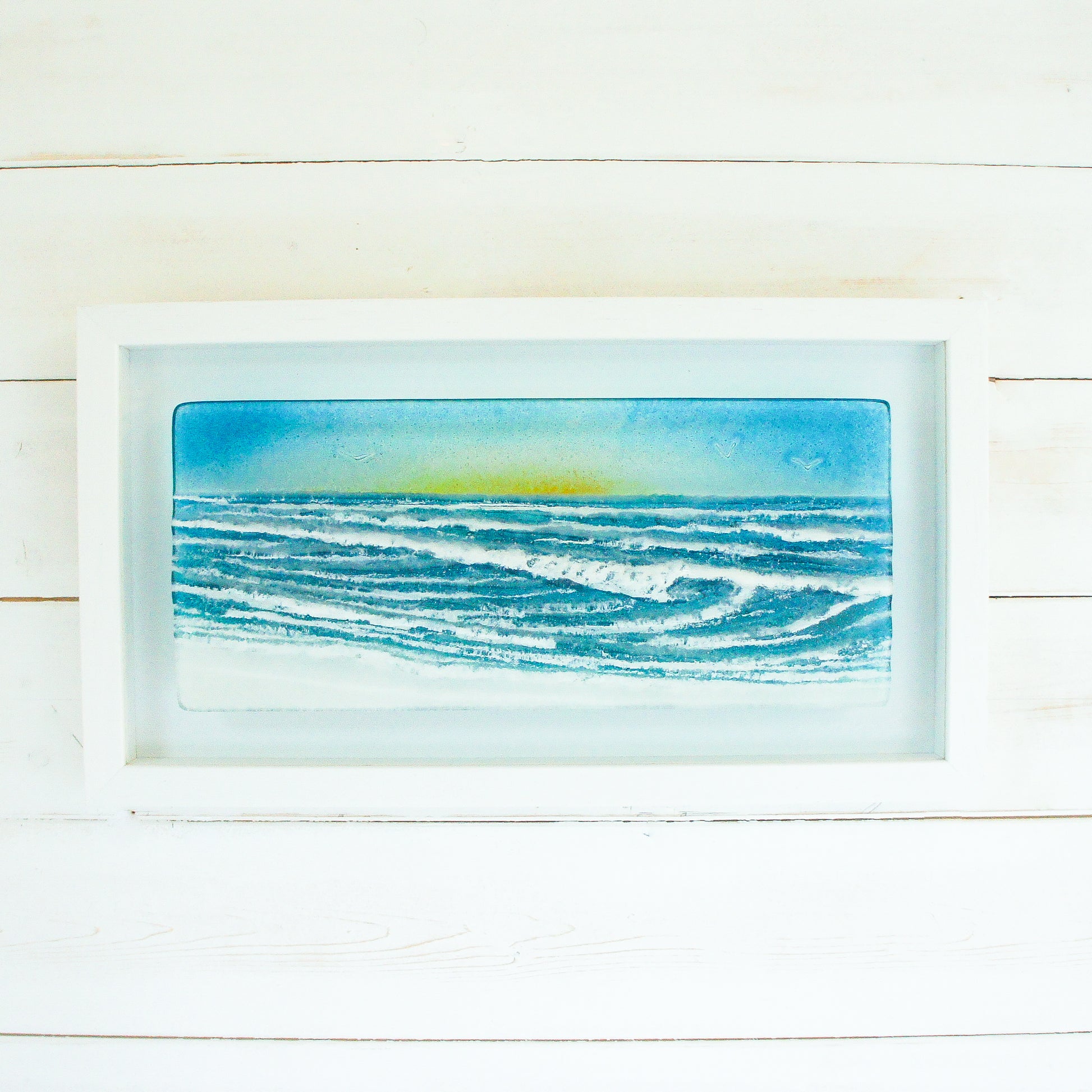 fused glass wave coastal wall art frame 45x25cm