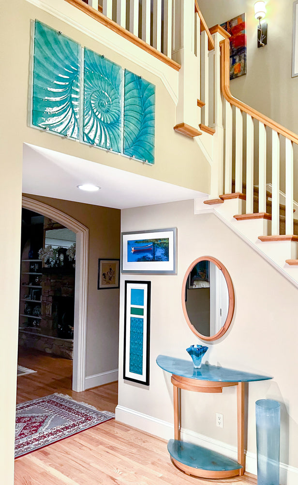 turquoise ammonite fused glass wall panels triptych